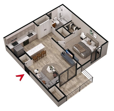 Floor plan for 1 bed, 1 bath, 712 sqft